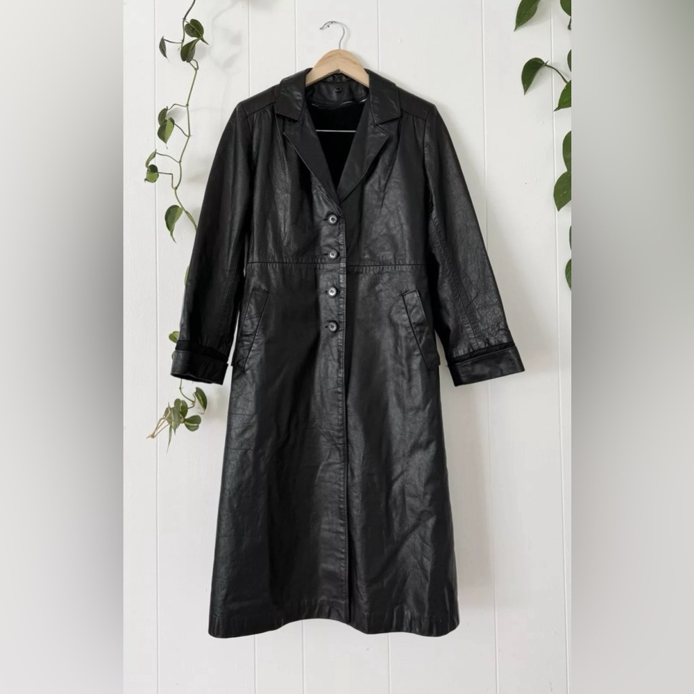 Vintage Sears Black Leather Trench Coat Removable Fleece Lining Size 10 Y2K